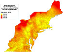 Deposition of Ba139 in the Northeastern United States, 1951-1962, color gradient map.