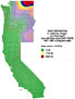 Nuclear fallout deposition pattern for tungsten 187 for California, Oregon and Washington, 1951-1962.