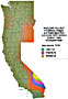 Nuclear fallout in California, Oregon and Washington states from the Nevada Test Site Teapot series, February 18 through May 15, 1955. Gradient map.