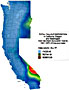 Nuclear fallout in California, Oregona and Washington states from the Nevada Test Site from 1951 through 1970. Gradient map.