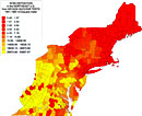 Depositon of radioactive tungsten 185 in the Northeast United States, 1951-1962.