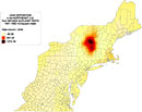 Deposition of uranium-240 in the Northeast United States, 1951-1962 (gradient map)