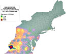 Deposition of radioactive manganese (Mn54) from Nevada Test Site fallout, 1951-1962 (color gradient map.)