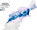 Fallout in the Northeastern United States from test series Ranger, 1951 (color gradient map)