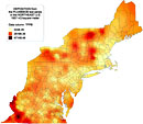 Nuclear fallout in the Northeastern United States from test series Plumbbob (color gradient map)