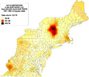 Deposition of radioactive cadmium 115m in the Northeastern United States from Nevada Test Site nuclear fallout, 1951-1962. Color gradient map.