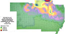 Nuclear fallout in Iowa, Missouri, Kansas, Illinois and Nebraska from the underground test series at the Nevada Test Site, 1961-1970, color gradient map.