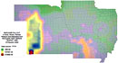 Nuclear fallout in the Midwest from the Teapot nuclear test series, 1955. Color gradient map.