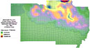 Nuclear fallout in the Midwest from shot Sedan, detonated at the Nevada Test Site on July 6, 1962. Color gradient map.