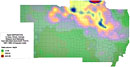 Sodium-24 (Na24) deposited in the Midwest from the Nevada Test Site 1951-1962 (color gradient map.)