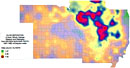 Europium 155 deposition in the American Midwest, 1951-1962 shown as a color gradient map.