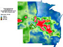 Rhodium 105 deposition in the Midwest from nuclear testing, shown as a color gradient map.