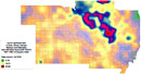 Cesium 137 deposition in the Midwest from nuclear testing, 1951-1962 shown as a color gradient map.
